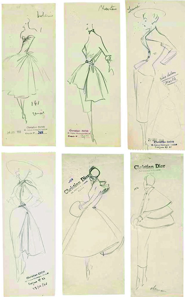 Ces croquis – collections haute couture automne-hiver 1948, printemps-été 1949, automne-hiver 1951 et printemps-été 1955 – sont révélateurs du style Dior par la prédominance d’un trait qui favorise l’expression de la ligne et du mouvement.
